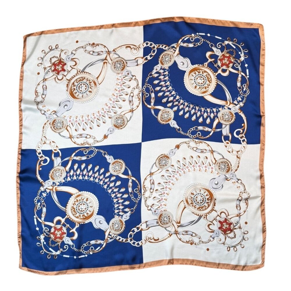 2/$30 White Navy Blue Red Nautical Antique Gold Baroque Printed Fashion Scarf - Picture 3 of 11